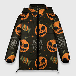Куртка зимняя женская Хэллоуин тыквы, цвет: 3D-черный