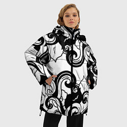 Куртка зимняя женская Черные волнистые узоры на белом, цвет: 3D-светло-серый — фото 2