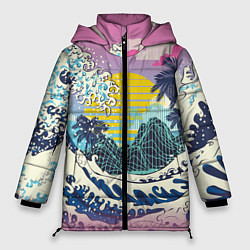 Куртка зимняя женская Штормовые океанские волны и пальмы, цвет: 3D-черный