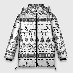 Куртка зимняя женская Черно-белый узор с оленями, цвет: 3D-черный