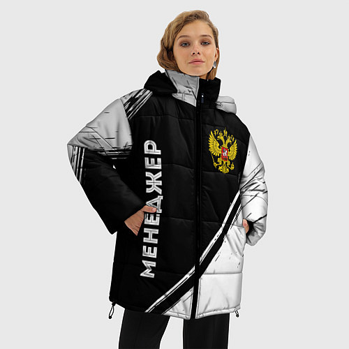 Женская зимняя куртка Менеджер из России и герб РФ: надпись, символ / 3D-Черный – фото 3