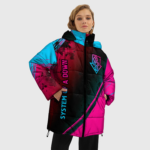 Женская зимняя куртка System of a Down - neon gradient: надпись, символ / 3D-Черный – фото 3