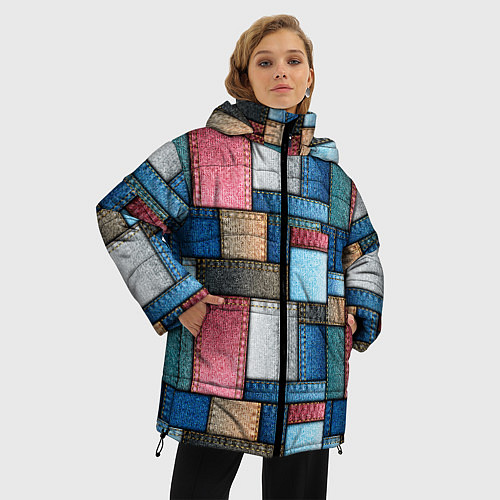 Женская зимняя куртка Джинсовые лоскуты - пэчворк / 3D-Черный – фото 3