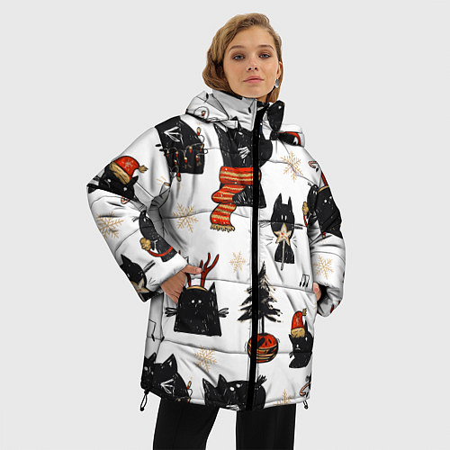 Женская зимняя куртка Черные котики новогодний узор / 3D-Черный – фото 3
