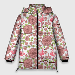 Куртка зимняя женская Фламинго и лотосы, цвет: 3D-черный