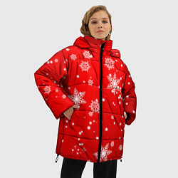 Куртка зимняя женская Снежинки на красном фоне, цвет: 3D-светло-серый — фото 2