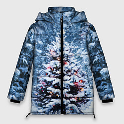 Куртка зимняя женская Новогодняя ёлка в лесу, цвет: 3D-черный