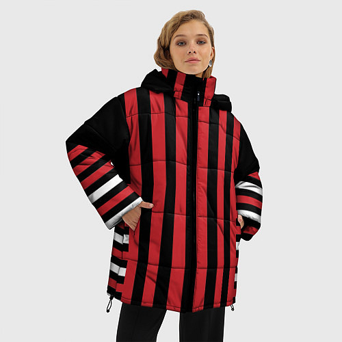 Женская зимняя куртка Красно черный полосатый узор / 3D-Черный – фото 3