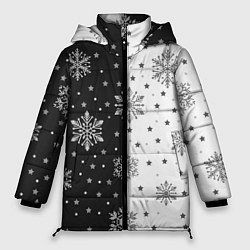 Куртка зимняя женская Рождественские снежинки на черно-белом фоне, цвет: 3D-светло-серый