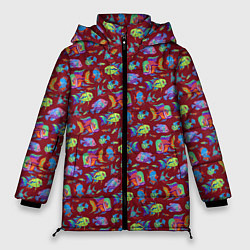Куртка зимняя женская Тропические рыбки на бордовом, цвет: 3D-черный