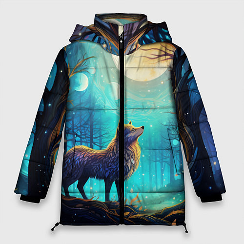 Женская зимняя куртка Волк в ночном лесу в folk art стиле / 3D-Красный – фото 1