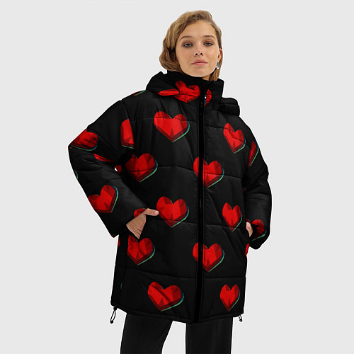 Женская зимняя куртка Красные сердца полигоны / 3D-Черный – фото 3
