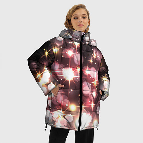 Женская зимняя куртка Сияние розовых и золотых блесток на черном фоне / 3D-Черный – фото 3