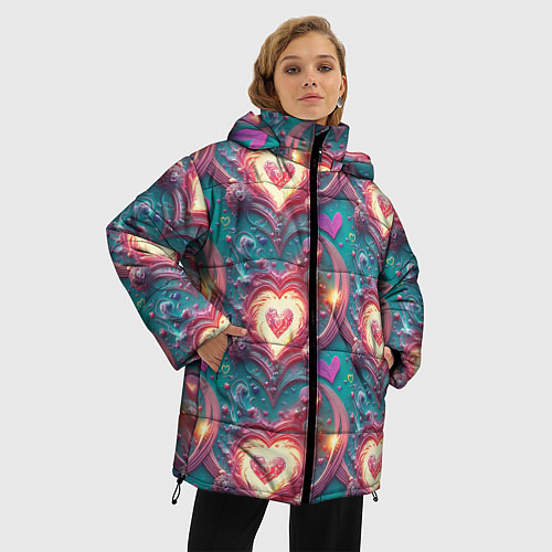 Женская зимняя куртка Паттерн пылающие сердца / 3D-Черный – фото 3