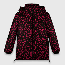 Куртка зимняя женская Розовые сердечки на темном фоне, цвет: 3D-черный