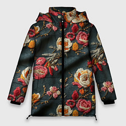 Куртка зимняя женская Эффект вышивки разные цветы, цвет: 3D-красный