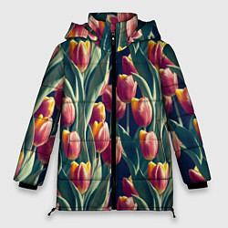 Куртка зимняя женская Много тюльпанов, цвет: 3D-черный