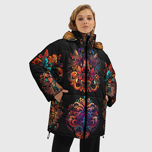 Женская зимняя куртка Русские орнаменты неон / 3D-Черный – фото 3