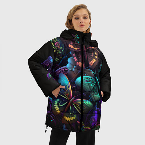 Женская зимняя куртка Разные неоновые бабочки / 3D-Черный – фото 3