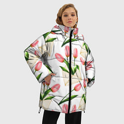 Куртка зимняя женская Тюльпаны в конвертах - паттерн, цвет: 3D-светло-серый — фото 2