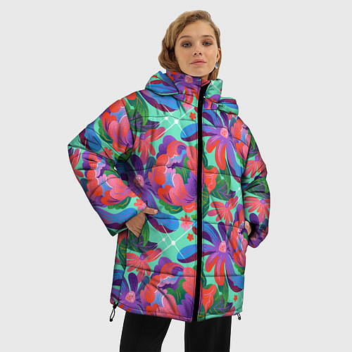Женская зимняя куртка Цветочный паттерн арт / 3D-Черный – фото 3