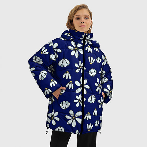 Женская зимняя куртка Дудл ромашки на синем фоне - паттерн / 3D-Черный – фото 3