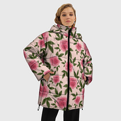 Куртка зимняя женская Акварельные розы на бежевом - паттерн, цвет: 3D-черный — фото 2