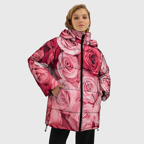 Женская зимняя куртка Чайная пыльная роза - нежно розовый цветок / 3D-Черный – фото 3