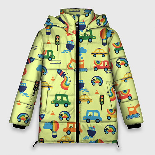 Женская зимняя куртка Радуга и машинки - паттерн зеленый / 3D-Светло-серый – фото 1
