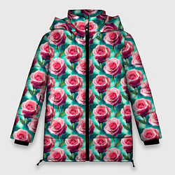 Куртка зимняя женская Узор из розовых роз, цвет: 3D-светло-серый