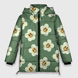 Куртка зимняя женская Цветочки-смайлики: темно-зеленый паттерн, цвет: 3D-светло-серый