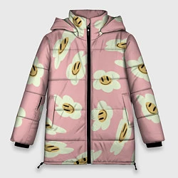 Куртка зимняя женская Искаженные смайлы-цветы на розовом паттер, цвет: 3D-светло-серый