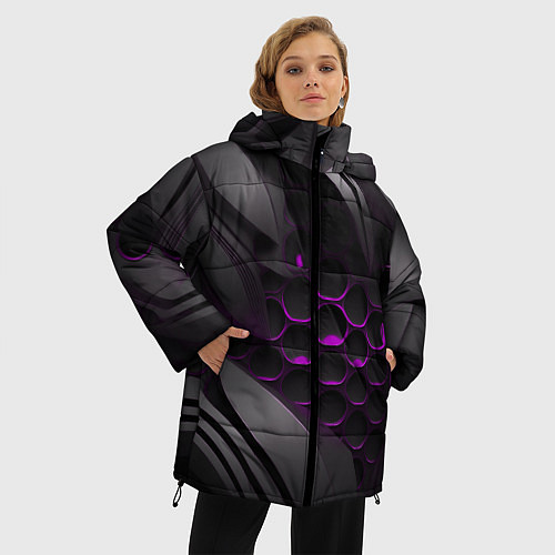 Женская зимняя куртка Черные объекты с фиолетовой сеткой / 3D-Черный – фото 3