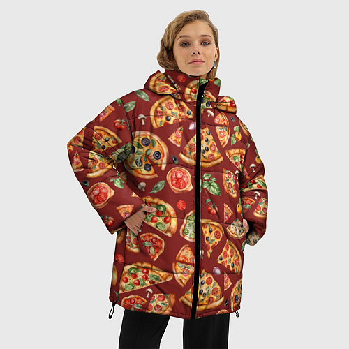 Женская зимняя куртка Кусочки пиццы ассорти - акварельный паттерн / 3D-Черный – фото 3