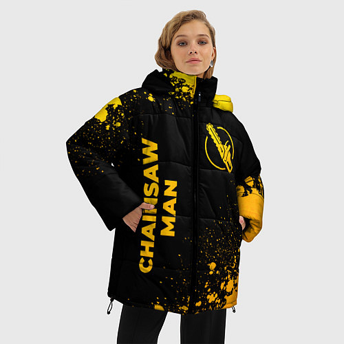 Женская зимняя куртка Chainsaw Man - gold gradient: надпись, символ / 3D-Черный – фото 3