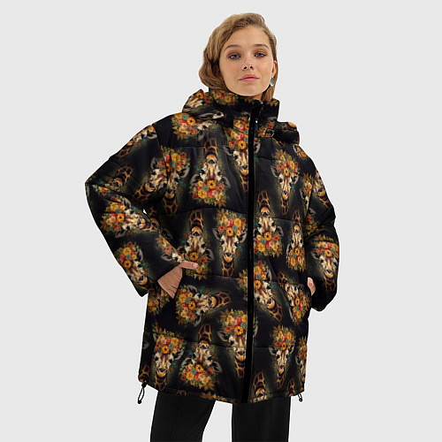 Женская зимняя куртка Паттерн жираф с цветами: арт нейросети / 3D-Черный – фото 3