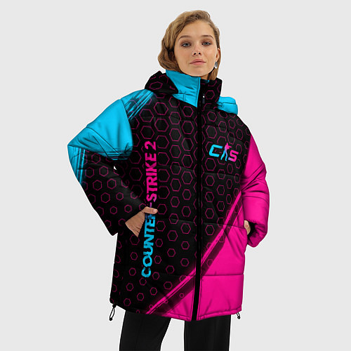 Женская зимняя куртка Counter-Strike 2 - neon gradient: надпись, символ / 3D-Черный – фото 3