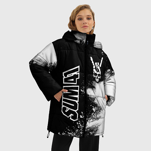 Женская зимняя куртка Sum41 и рок символ на темном фоне / 3D-Черный – фото 3