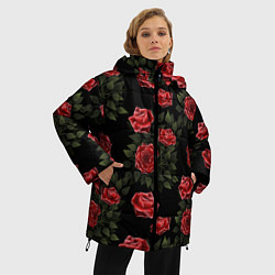 Куртка зимняя женская Красные розы на черном - паттерн, цвет: 3D-черный — фото 2