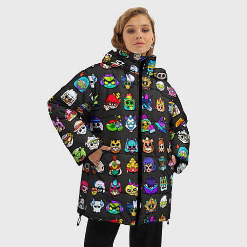 Женская зимняя куртка Значки на скины Бравл Старс Brawl Черный фон Пины / 3D-Черный – фото 3
