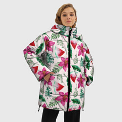 Куртка зимняя женская Арбузы, цветы и тропические листья, цвет: 3D-черный — фото 2