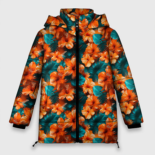 Женская зимняя куртка Оранжевые цветы гавайские / 3D-Красный – фото 1