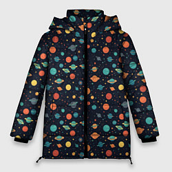 Куртка зимняя женская Темный космос с планетами паттерн, цвет: 3D-красный
