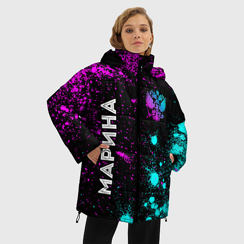 Женская зимняя куртка Марина и неоновый герб России: надпись, символ / 3D-Черный – фото 3
