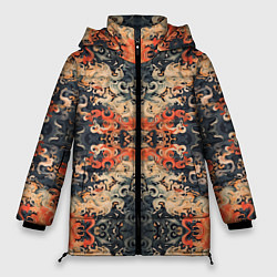 Куртка зимняя женская Оранжевые японские мотивы, цвет: 3D-черный