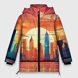 Куртка зимняя женская Городской пейзаж на рассвете, цвет: 3D-красный