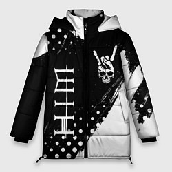 Куртка зимняя женская HIM и рок символ на темном фоне, цвет: 3D-черный