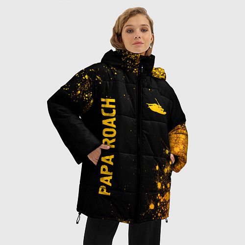 Женская зимняя куртка Papa Roach - gold gradient: надпись, символ / 3D-Черный – фото 3