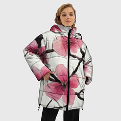 Куртка зимняя женская Цветы и ветви японской сакуры - текстура холста, цвет: 3D-черный — фото 2
