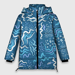 Куртка зимняя женская Абстрактные линии на голубом фоне, цвет: 3D-черный